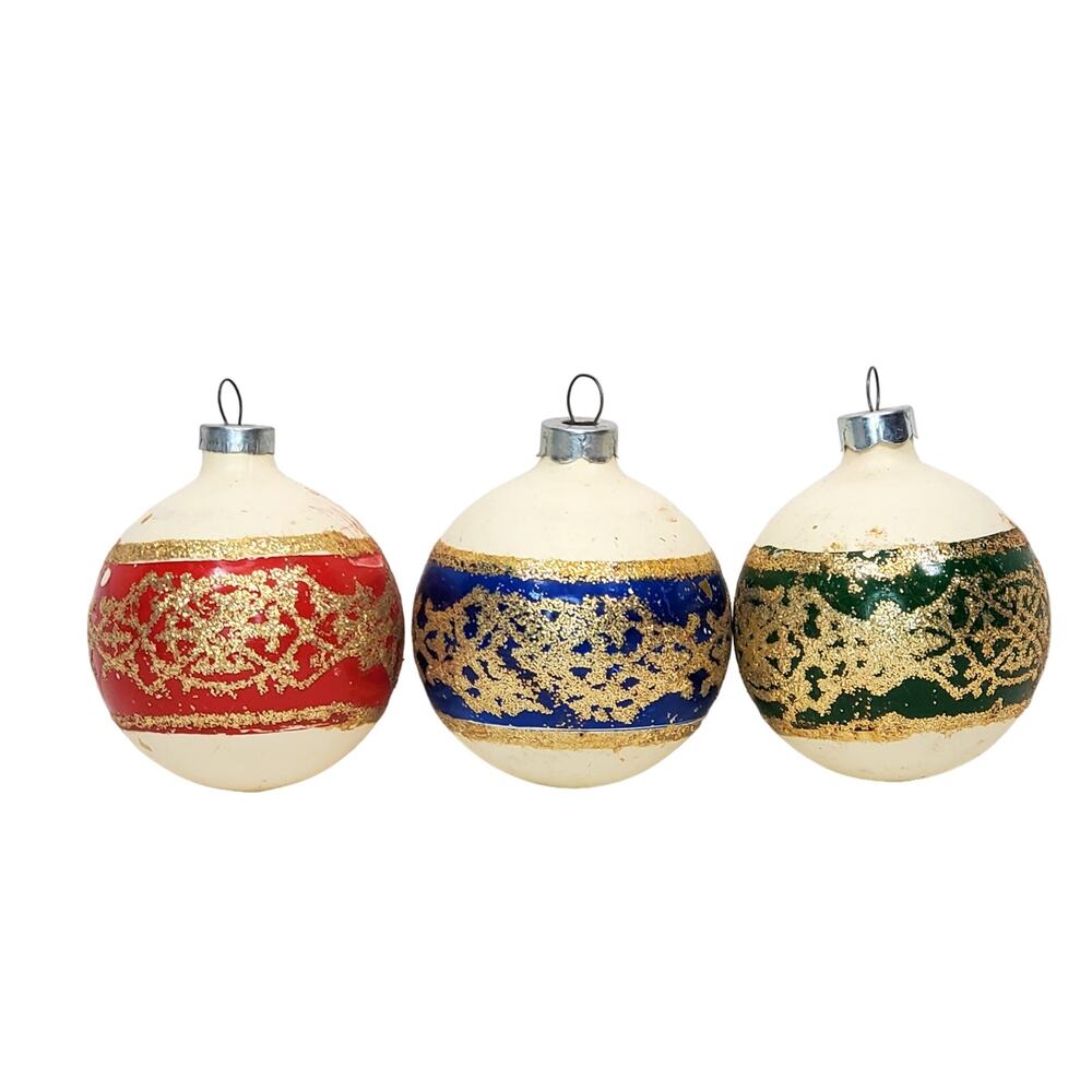 Shiny Brite Christmas Ornament Glass Bauble Glitter Stencil 2.25" Vtg Lot of 3